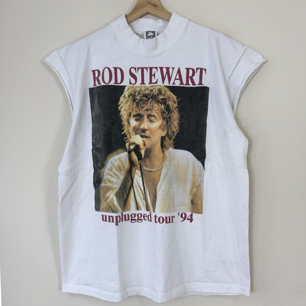 Vintage 1994 Rod Stewart Unplugged Tour Concert White Sleeveless Tee Shirt L/XL